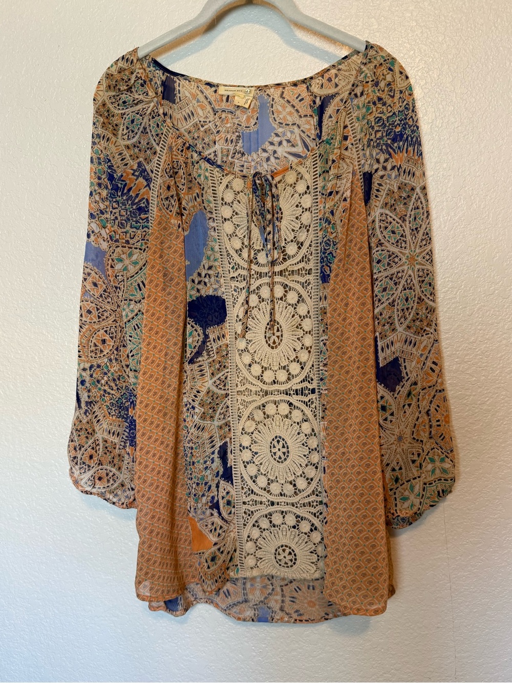 Anthropologie Meadow Rue Roselle Peasant Blouse Crochet Insert Semi Sheer Large - Picture 10 of 14